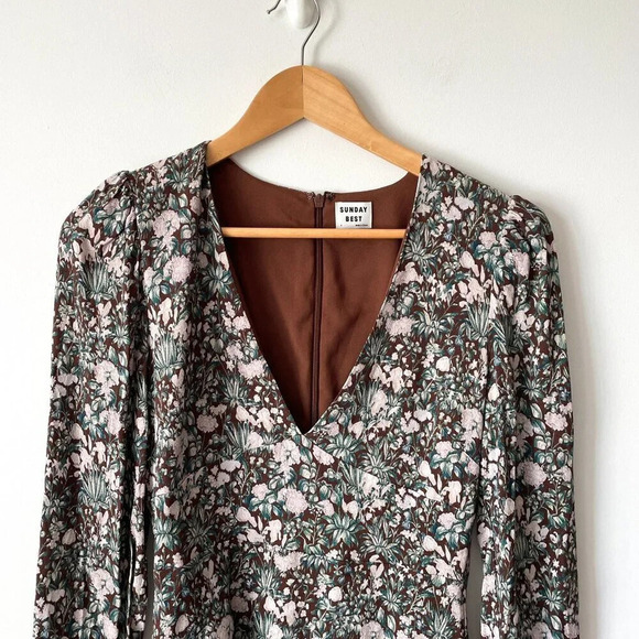 Aritzia Sunday Best Grayson Long Sleeve Mini Dress Brown Floral Size  4 - Picture 4 of 9